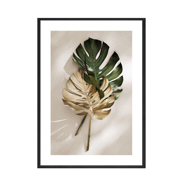 Green And Gold Leaves Nature Poster And Living Room Decor Printed Wall