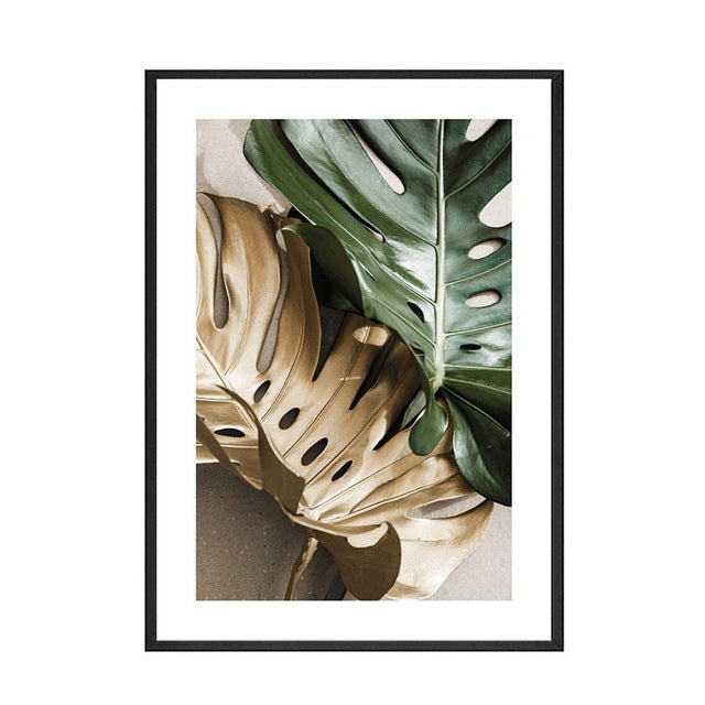 Green And Gold Leaves Nature Poster And Living Room Decor Printed Wall